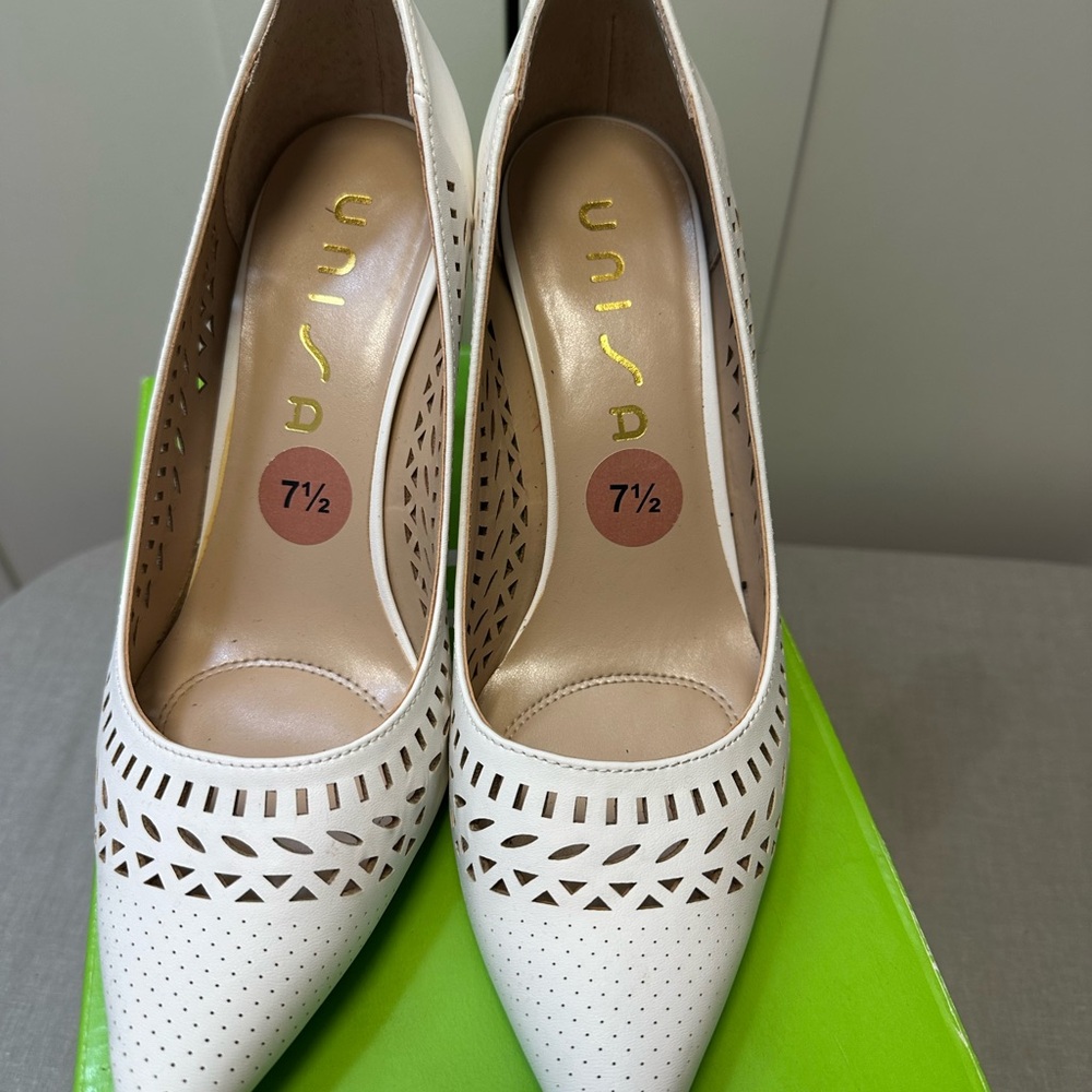 Unisa White Laser-Cut Pointed Toe Pumps